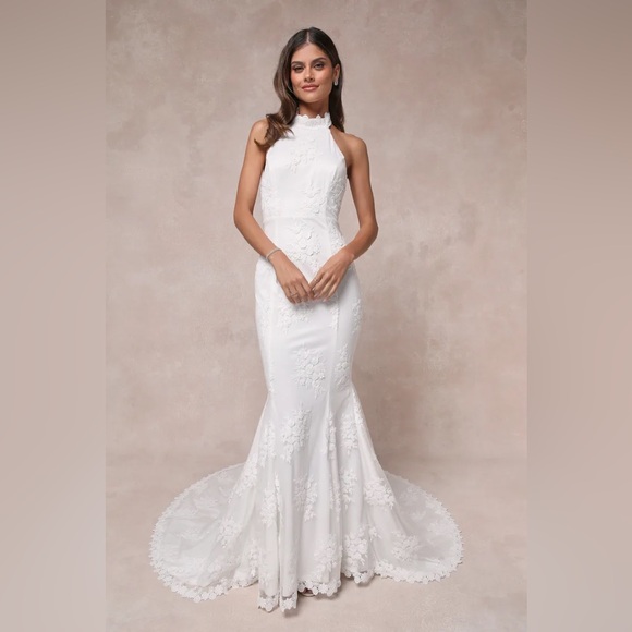 Lulus-Dreamy Glamour White Embroidered Halter Mermaid Maxi Dress (S/M) - Picture 3 of 6